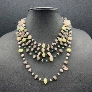 Multicolor Multi Strand Necklace gunmetal Pink Green Turquoise Organic Faceted